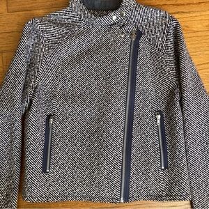 Gap Jacket Womens Medium Blue White Wool Tweed Moto Coat Zip Long Sleeve Pockets